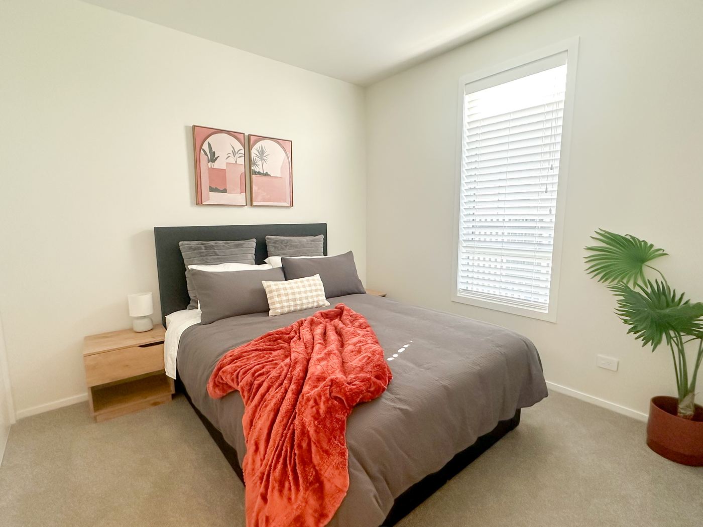 Bedroom with bed, window and pot plant