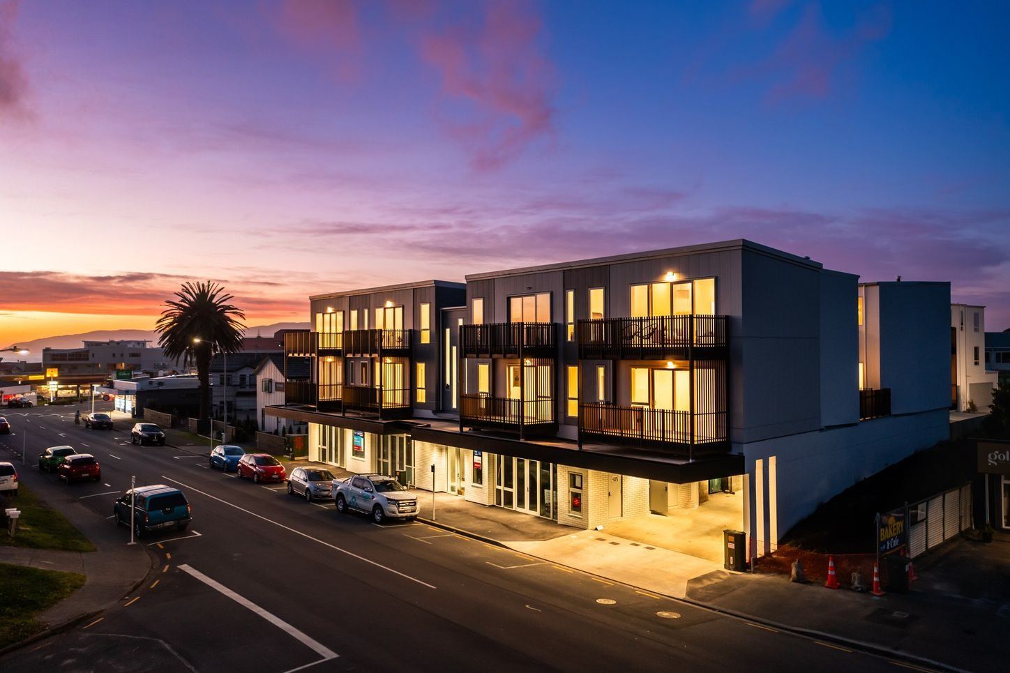 Building exterior at twilight